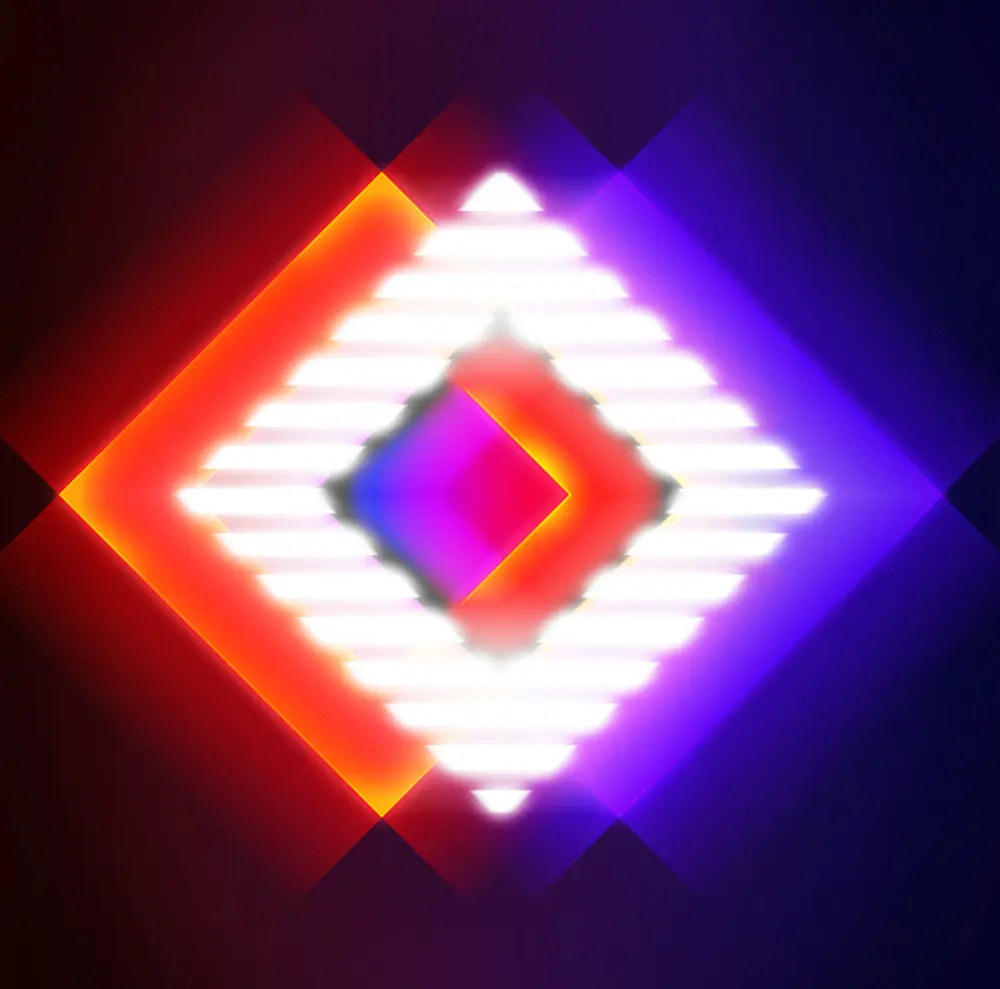 striped rectangle shedding light, backed by a orange and purple neon rectangle